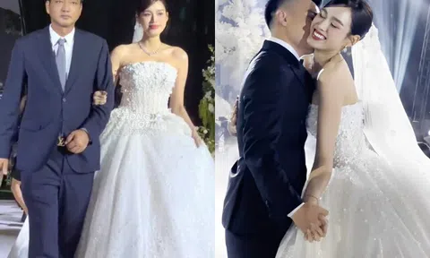 Xúc động khoảnh khắc bố ruột Đỗ Thị Hà khập khiễng dắt ái nữ lên lễ đường, trao tận tay cho con rể thiếu gia