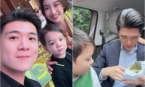 Anh chồng Phó TGĐ Ngân hàng của HH Đỗ Mỹ Linh đưa hai con đi học, 3 bố con ăn chung gói xôi vừa tiết kiệm vừa tình cảm