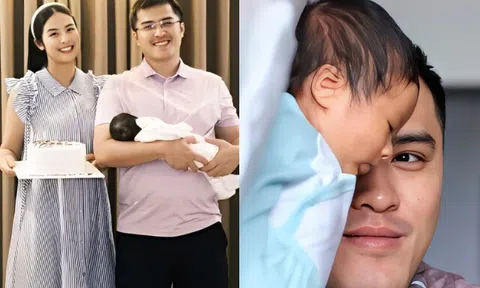 Hoa hậu Ngọc Hân bế con tổ chức sinh nhật cho chồng, quý tử 1 tháng tuổi hưởng gen mũi cao của bố