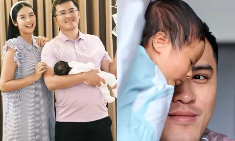 Hoa hậu Ngọc Hân bế con tổ chức sinh nhật cho chồng, quý tử 1 tháng tuổi hưởng gen mũi cao của bố