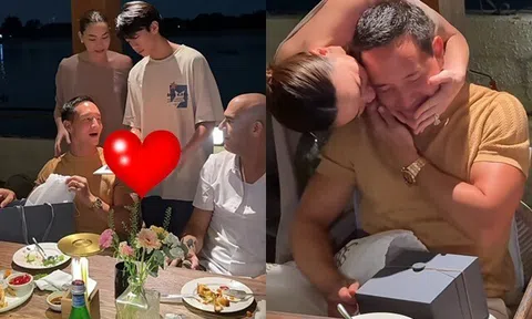 Hồ Ngọc Hà mừng sinh nhật Kim Lý, Subeo âm thầm xuất hiện phía sau, món đồ cậu cầm trên tay khiến bố dượng xúc động