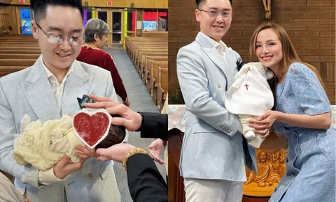 Diễm Hương làm lễ rửa tội cho quý tử thứ 2, chồng Việt kiều cứ giao con cho bố mẹ vợ là "ngủ khò"