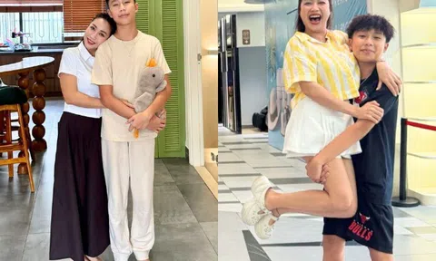 Con trai Ốc Thanh Vân ngại ngùng không muốn để mẹ hôn, 14 tuổi trổ mã cao lớn "dư sức" bế phụ huynh