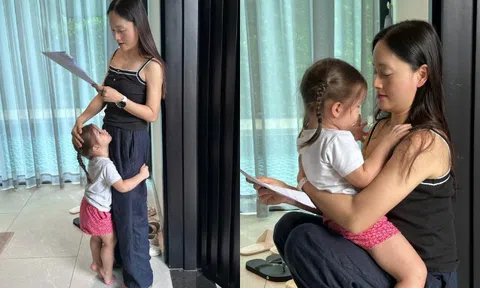 Lan Phương nỗ lực tự chăm hai con sau ly hôn, vừa đọc kịch bản phim vừa dỗ dành con gái lai 27 tháng bám mẹ