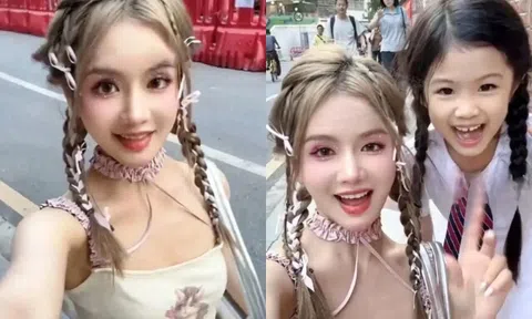 Mẹ hotgirl mặc váy 2 dây đưa con gái đi học khiến ai cũng nhìn vì trẻ đẹp như học sinh, biết tuổi thật mới giật mình
