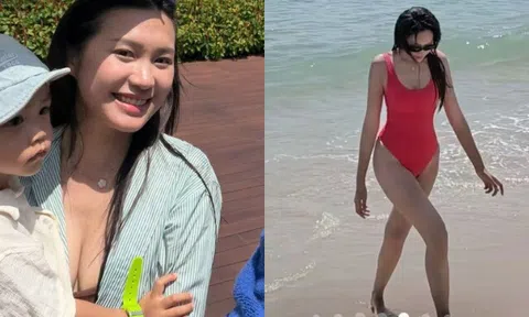 Tiểu thư Hà thành cùng chồng cầu thủ 1m87 đưa con trai đi biển, mẹ diện bikini đẹp nõn nà, bố khéo chăm con