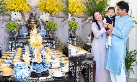Sinh con với đồng nghiệp, diễn viên Ngọc Ánh tổ chức tiệc thôi nôi đậm chất hoàng gia, nhìn mâm cúng hội mẹ bỉm tròn mắt