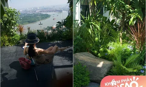 Hồng Nhung mặc bikini tắm nắng trên sân thượng đầy cây cỏ, khu vườn xanh mướt hướng ra sông cực "chill"
