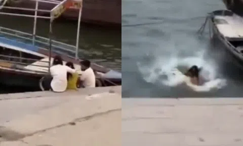 Kinh hoàng khoảnh khắc cô gái nhảy xuống sông Hằng sau một cái tát, cả bến sông hỗn loạn