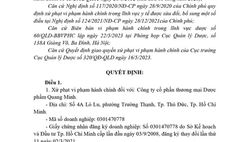 Xử phạt 100 triệu đồng đối với công ty cổ phần thương mại Dược phẩm Quang Minh