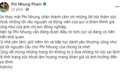 Ê-kíp Phi Nhung thông báo nữ ca sĩ đang tiến triển khả quan