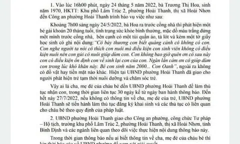 Vụ bé gái 20 tháng tuổi bị bỏ rơi trước nhà dân: Bất ngờ nội dung lá thư "gửi gắm"