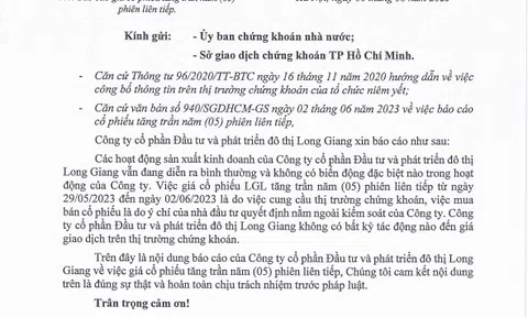 Long Giang Land (LGL) giải trình gì với HoSE khi cổ phiếu tăng trần 5 phiên liên tiếp?