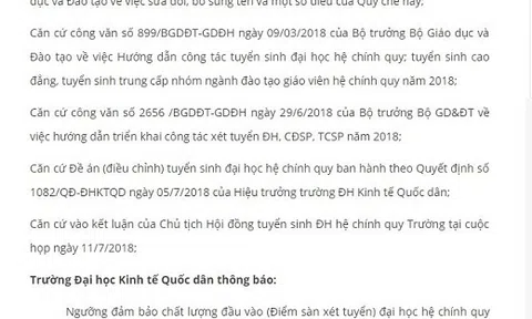 Đại học Kinh tế quốc dân công bố mức điểm sàn xét tuyển là 18