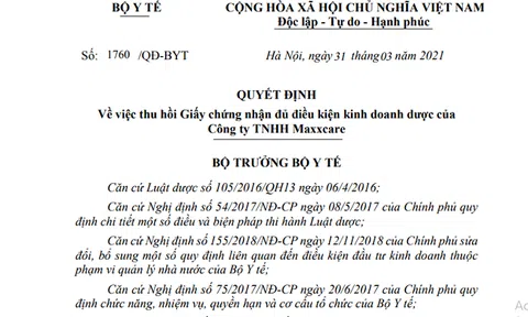 Quyết định thu hồi Giấy chứng nhận đủ điều kiện kinh doanh dược của Công ty TNHH Maxxcare