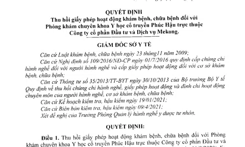 Phòng khám Y học cổ truyền Phúc Hậu bị thu hồi giấy phép hoạt động