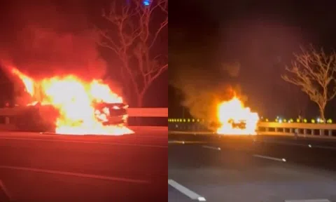 Ô tô đang chạy bất ngờ bốc cháy ngùn ngụt, tài xế hoảng loạn lao ra ngoài thoát chết trong gang tấc