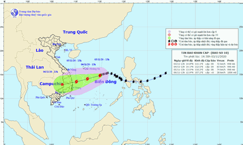Bão số 10 hướng vào các tỉnh từ Quảng Ngãi đến Khánh Hòa