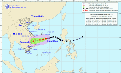 Bão số 10 khuynh hướng chệch xuống phía Nam, đe dọa các tỉnh Nam Trung bộ
