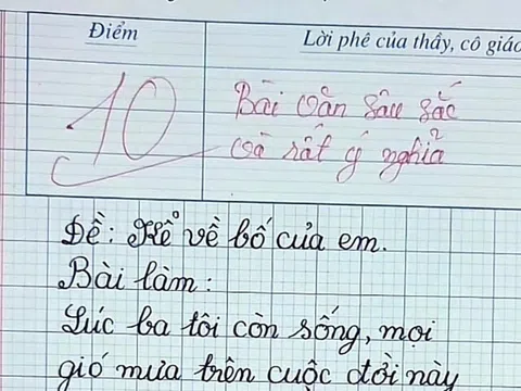 Bài văn chỉ 4 dòng viết về bố của học sinh tiểu học nhận được điểm 10 tuyệt đối, đọc xong ai nấy đều rơi lệ