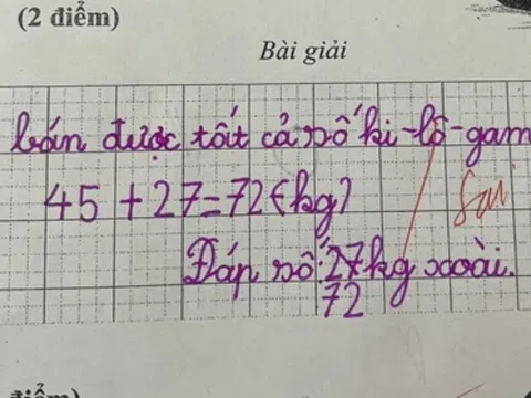 "Buổi sáng mẹ bán 45kg xoài, buổi chiều 27kg. Hỏi mẹ bán được tất cả bao nhiêu?", học sinh trả lời 72kg bị cô gạch sai