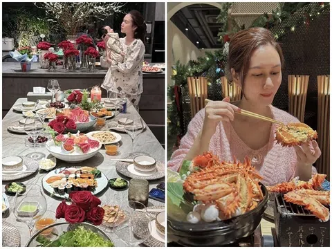 Cảnh ăn uống xa hoa của diễn viên Hương Giang sau sinh quý tử, mẹ cho con bú vẫn làm hẳn tiệc sashimi mừng đầy tháng