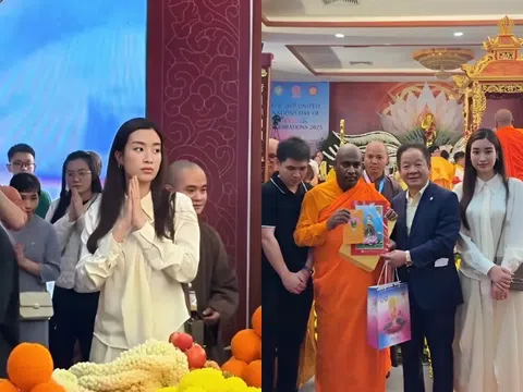 Hoa hậu Đỗ Mỹ Linh tháp tùng Bầu Hiển đi chiêm bái xá lợi Phật, khí chất chuẩn dâu hào môn