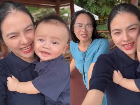Vân Trang khoe mẹ ruột trẻ trung như hai chị em, quý tử nghe bà kêu liền cười toe toét lộ răng sữa đáng yêu