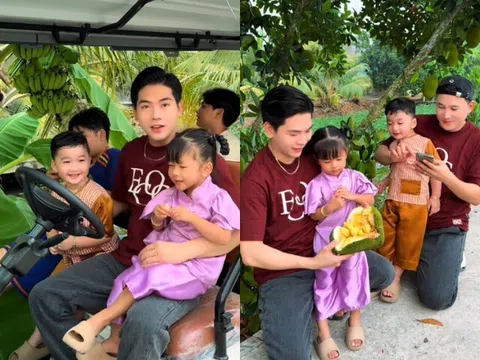 Thanh Đoàn - Hà Trí Quang đưa 2 con đi thu hoạch trái cây nhà trồng, vườn rộng đến mức phải dùng xe điện để di chuyển