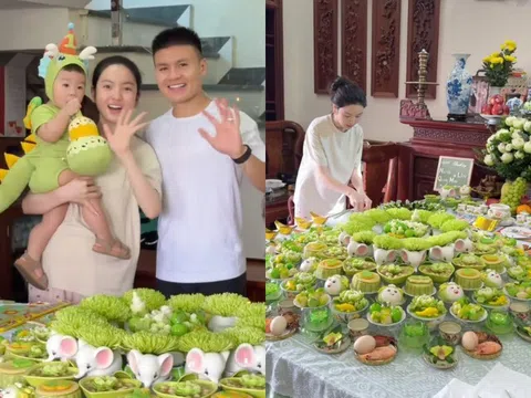 Quang Hải - Chu Thanh Huyền làm tiệc thôi nôi cho con trai Lido, mâm cúng tuyệt đẹp, nhìn kỹ toàn vàng