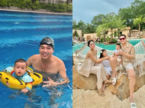 Quang Minh đưa quý tử hệt "bản sao" đi tập bơi, bạn gái kém 37 tuổi tự hào về 2 người đàn ông mình yêu