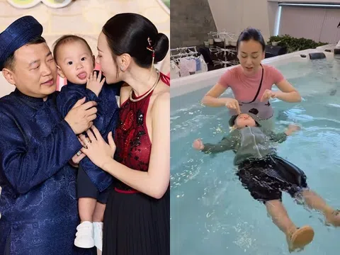 Phương Oanh khoe con trai hơn 1 tuổi đã bơi được nửa bể, quý tử của Shark Bình bản lĩnh khi một mình ngụp lặn