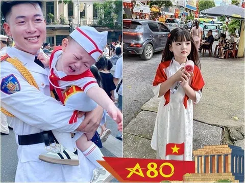 Khoảnh khắc đáng yêu của những em bé đi cổ vũ A80: Con gái HH Đỗ Mỹ Linh, DV nhí Cherry An Nhiên nổi bật trên phố