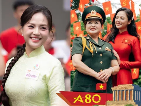 Trưởng khối dẫn đầu diễu hành tại A80 là "đối thủ màn ảnh" của Phương Oanh, xinh đẹp nhờ gen từ mẹ Thượng tá