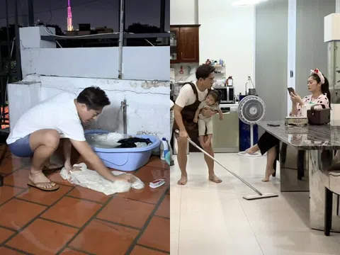 Chồng Thanh Trúc đi làm về ngồi giặt quần áo cho vợ, làm bố bỉm bế bồng con gái vẫn chăm làm việc nhà