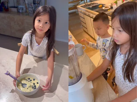 Lisa con gái Hồ Ngọc Hà vào bếp làm đồ ăn sáng cho Leon, nhìn bữa ăn hiểu ngay vì sao cặp sinh đôi chân dài ngoằng