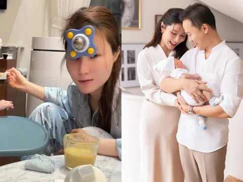 Diễm My 9X chăm con trai đến bầm tím cả trán, quý tử chưa tròn 1 tuổi đã phải học cả "núi sách"