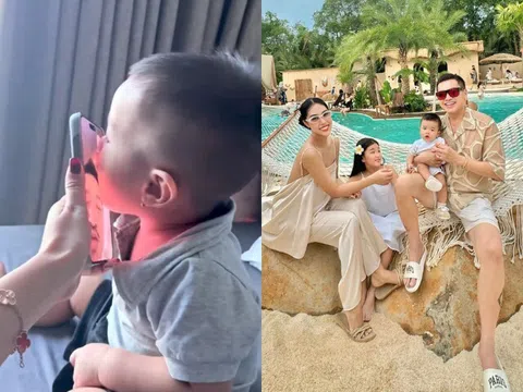 Bạn gái Quang Minh khoe cảnh con hôn tới tấp vào điện thoại khi bố đi làm xa, quý tử bé xíu đã sống tình cảm