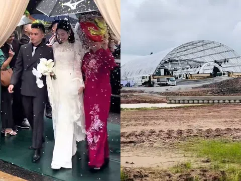Đỗ Thị Hà và thiếu gia Viết Vương đội mưa làm lễ thành hôn, rạp cưới lớn nhất Quảng Trị bị rách do bão số 12