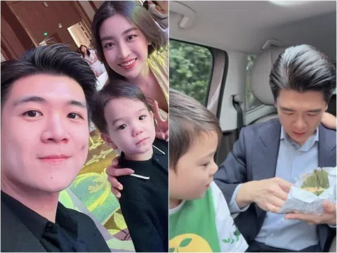 Anh chồng Phó TGĐ Ngân hàng của HH Đỗ Mỹ Linh đưa hai con đi học, 3 bố con ăn chung gói xôi vừa tiết kiệm vừa tình cảm