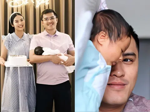 Hoa hậu Ngọc Hân bế con tổ chức sinh nhật cho chồng, quý tử 1 tháng tuổi hưởng gen mũi cao của bố