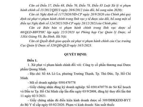 Xử phạt 100 triệu đồng đối với công ty cổ phần thương mại Dược phẩm Quang Minh