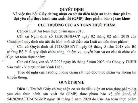 Thu hồi hiệu lực giấy chứng nhận đủ điều kiện ATTP của công ty Y dược phẩm Vĩnh Điển và công ty CP Dược Thanh Liêm Medipharma