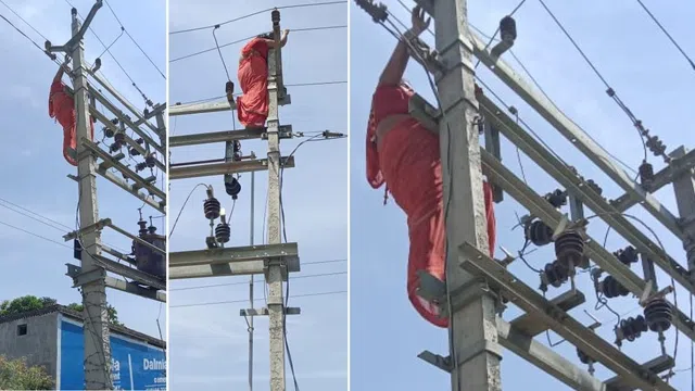 Clip: Ngoại tình bị chồng ngăn cản, người phụ nữ trèo lên cột điện dọa quyên sinh