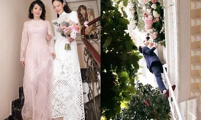 Đám hỏi Minh Hằng: Chú rể đại gia Long An mặc kệ nguy hiểm, leo thang lên hôn cô dâu đắm đuối