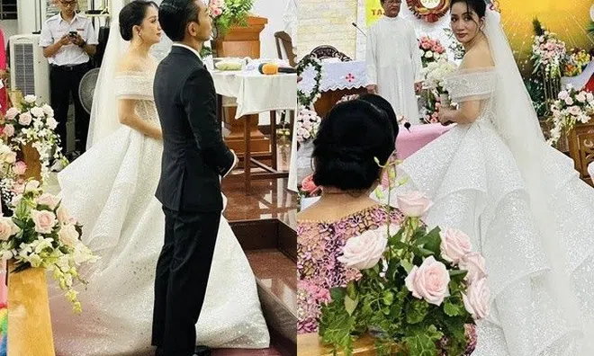 Đám cưới Khánh Thi - Phan Hiển: Chú rể bế con gái, cô dâu mặc váy cưới “khủng” 5 người xách phụ