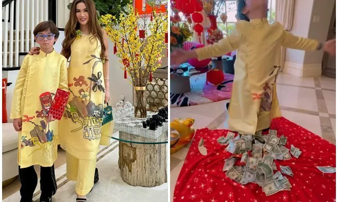 Nữ tỷ phú Mỹ gốc Việt cho con trai đập heo đất sau Tết, “hoa mắt” với đống tiền đôla khủng chuẩn tiểu thiếu gia