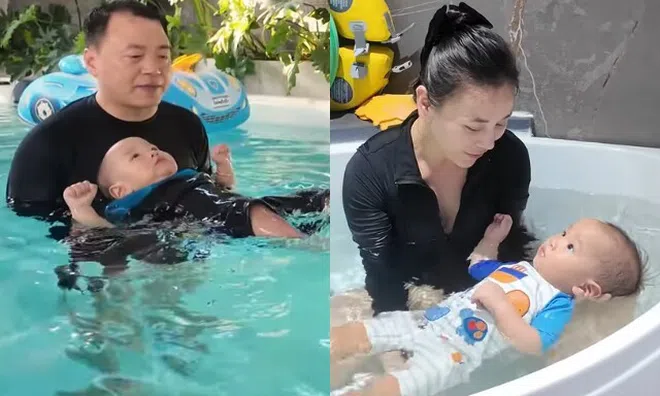 Shark Bình đích thân huấn luyện tập bơi cho cặp song sinh, mướt mồ hôi vẫn khen "cá mập con" là truyền nhân của bố