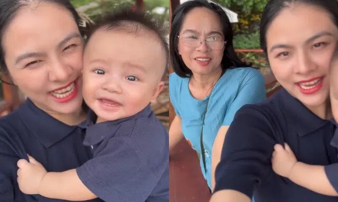 Vân Trang khoe mẹ ruột trẻ trung như hai chị em, quý tử nghe bà kêu liền cười toe toét lộ răng sữa đáng yêu
