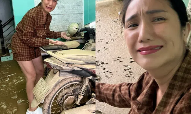 Nhà của NSƯT Cát Tường tại Huế ngập trong bùn đất sau lũ, nay cả gia đình phải ra khách sạn ngủ để tránh bão